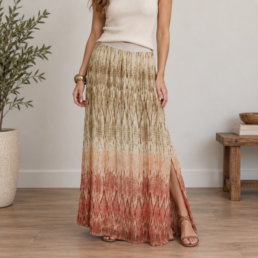 Chicos 2 Womens Ombre Pull On Maxi Skirt Size L Gold Thread Slit Gypsy Boho